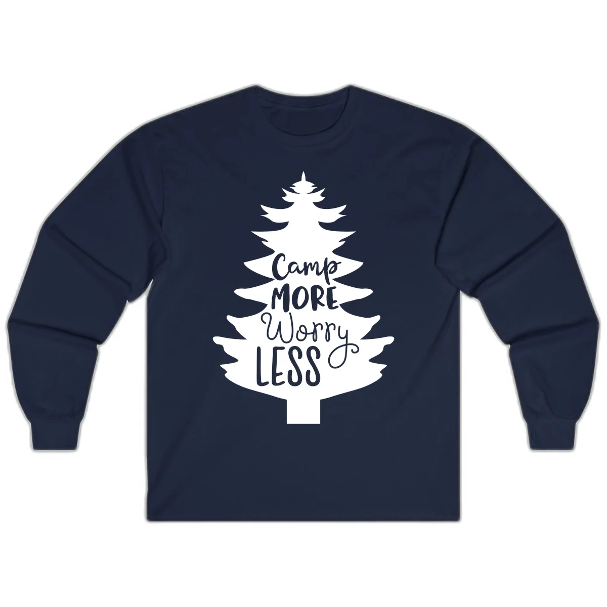 White evergreen tree silhouette with text reading 'Camp MORE Worry LESS' centered in the branches on gray background in Navy