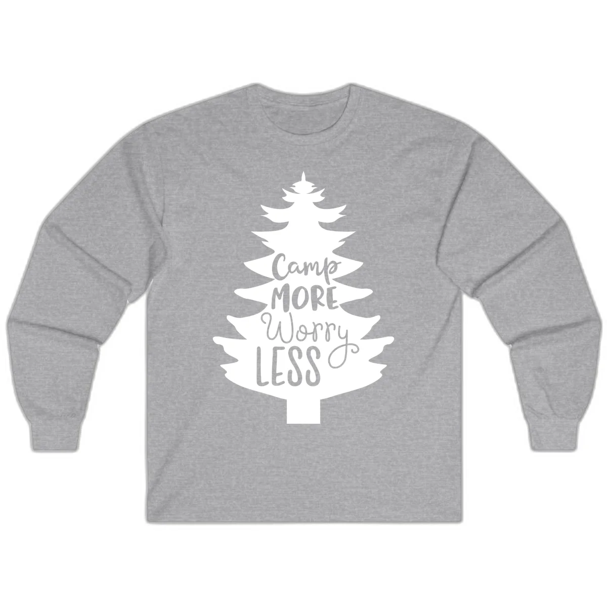 White evergreen tree silhouette with text reading 'Camp MORE Worry LESS' centered in the branches on gray background in Sport Grey