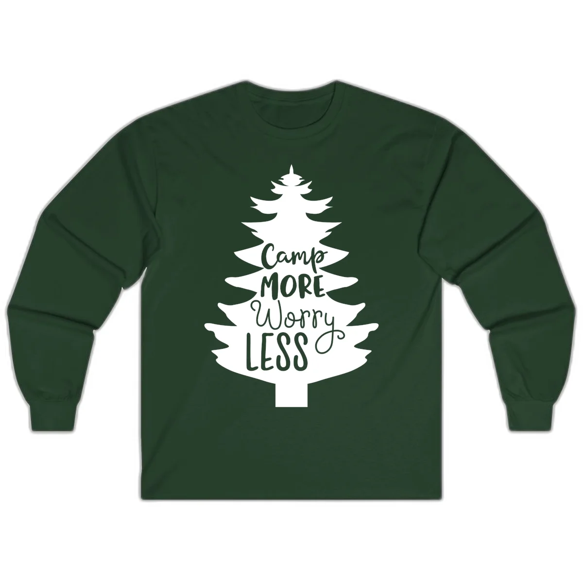 White evergreen tree silhouette with text reading 'Camp MORE Worry LESS' centered in the branches on gray background in Forest Green