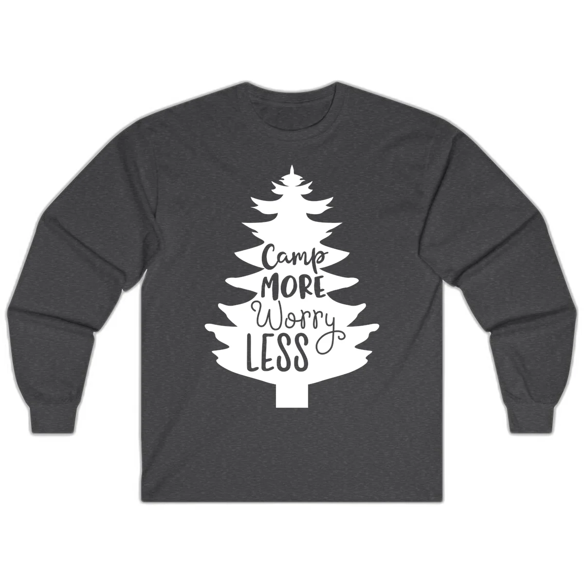 White evergreen tree silhouette with text reading 'Camp MORE Worry LESS' centered in the branches on gray background in Dark Heather