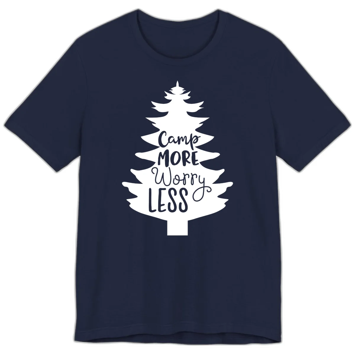 White evergreen tree silhouette with text reading 'Camp MORE Worry LESS' centered in the branches on gray background in Navy