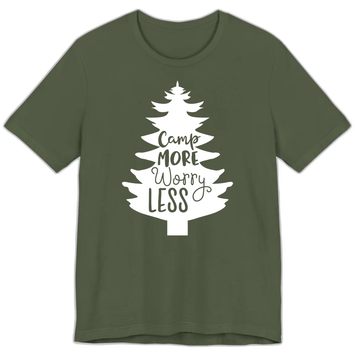 White evergreen tree silhouette with text reading 'Camp MORE Worry LESS' centered in the branches on gray background in Military Green