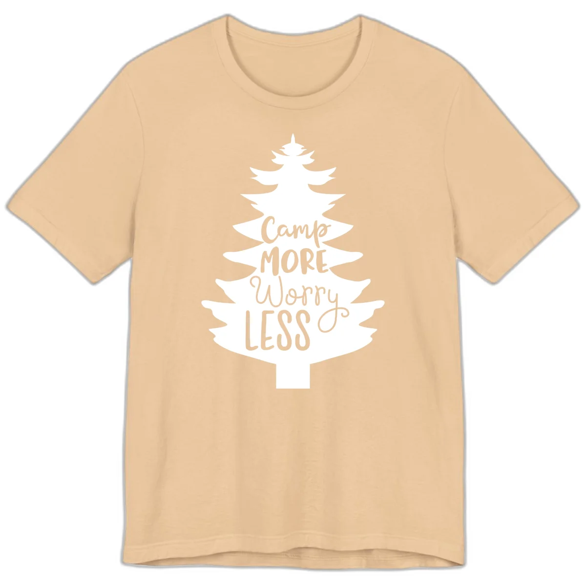 White evergreen tree silhouette with text reading 'Camp MORE Worry LESS' centered in the branches on gray background in Sand Dune