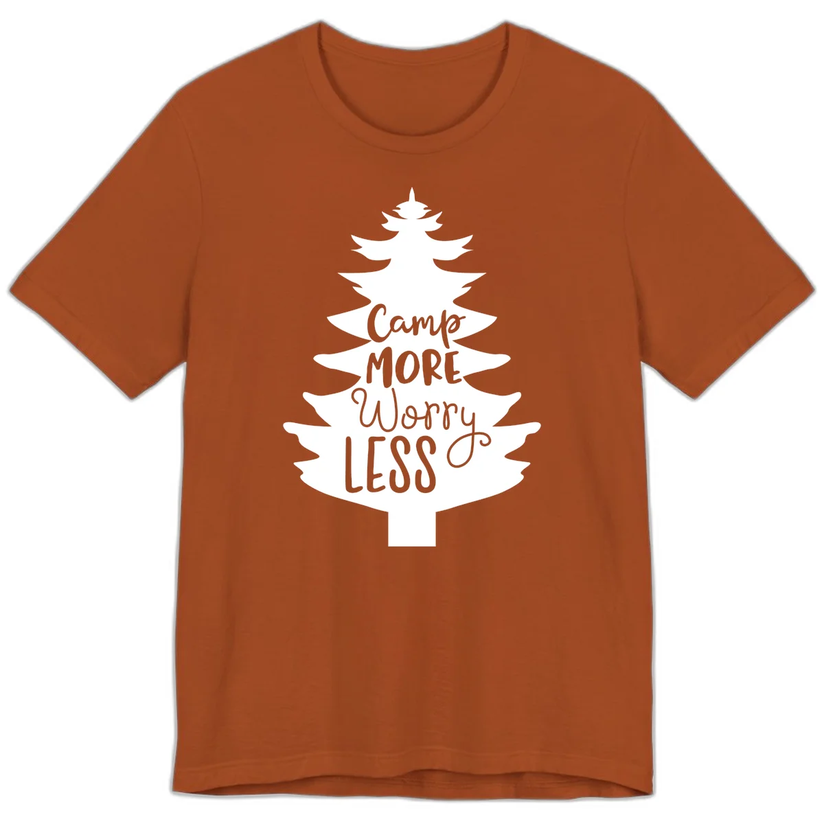 White evergreen tree silhouette with text reading 'Camp MORE Worry LESS' centered in the branches on gray background in Autumn