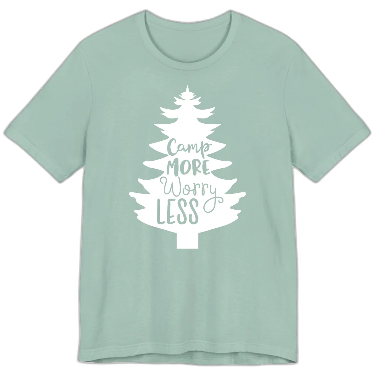 White evergreen tree silhouette with text reading 'Camp MORE Worry LESS' centered in the branches on gray background in Dusty Blue