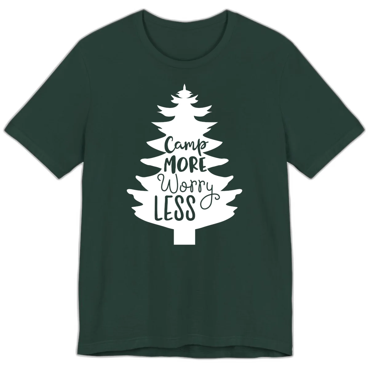 White evergreen tree silhouette with text reading 'Camp MORE Worry LESS' centered in the branches on gray background in Forest