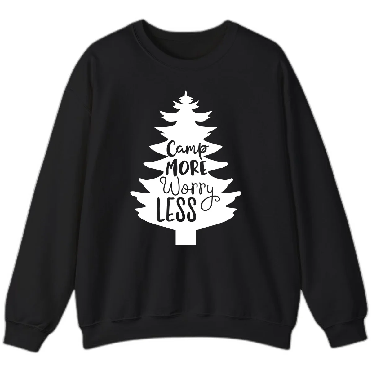 White evergreen tree silhouette with text reading 'Camp MORE Worry LESS' centered in the branches on gray background in Black