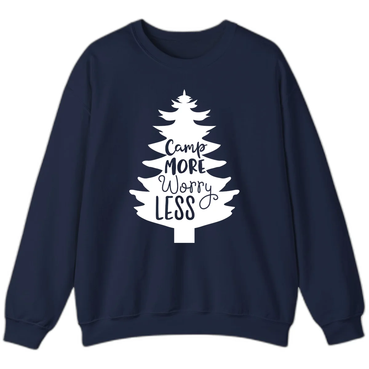 White evergreen tree silhouette with text reading 'Camp MORE Worry LESS' centered in the branches on gray background in Navy