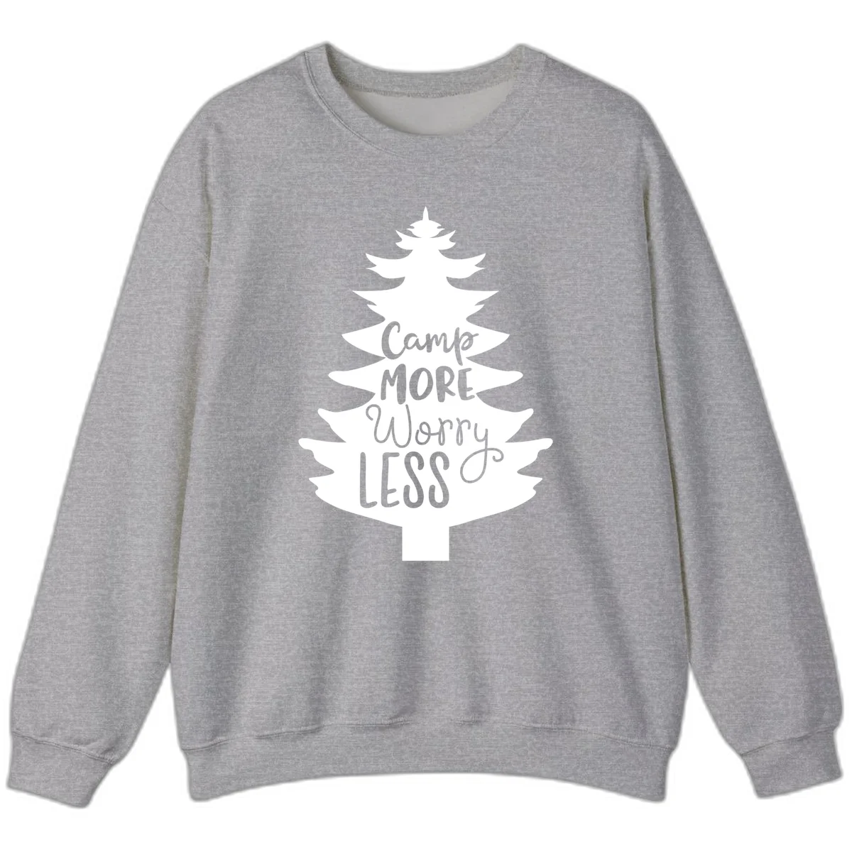 White evergreen tree silhouette with text reading 'Camp MORE Worry LESS' centered in the branches on gray background in Sport Grey