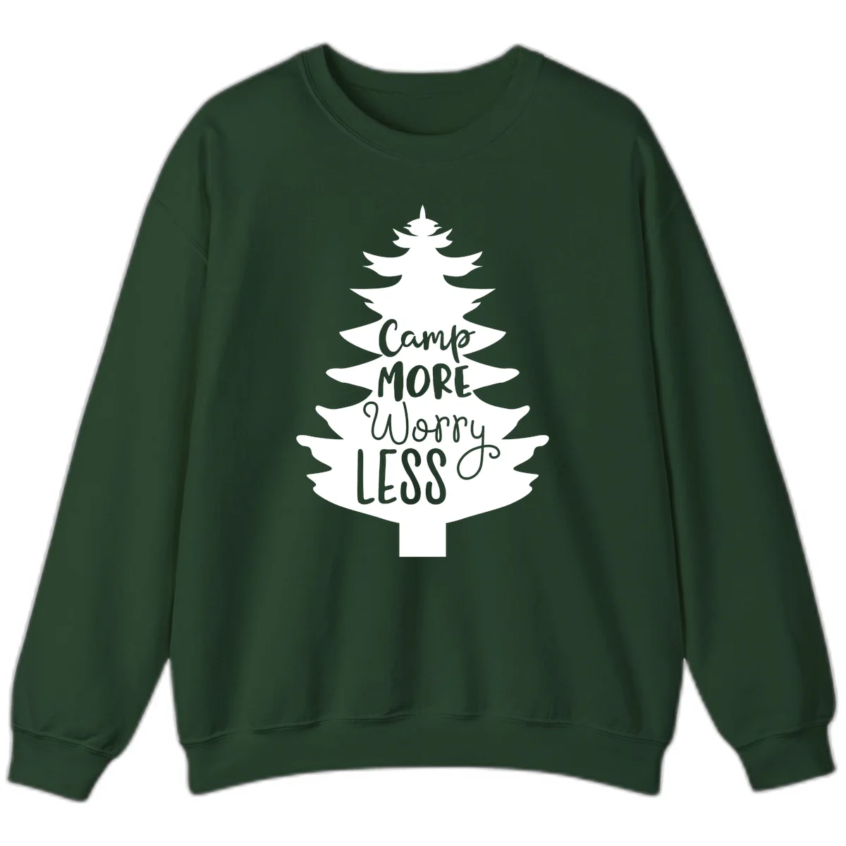 White evergreen tree silhouette with text reading 'Camp MORE Worry LESS' centered in the branches on gray background in Forest Green