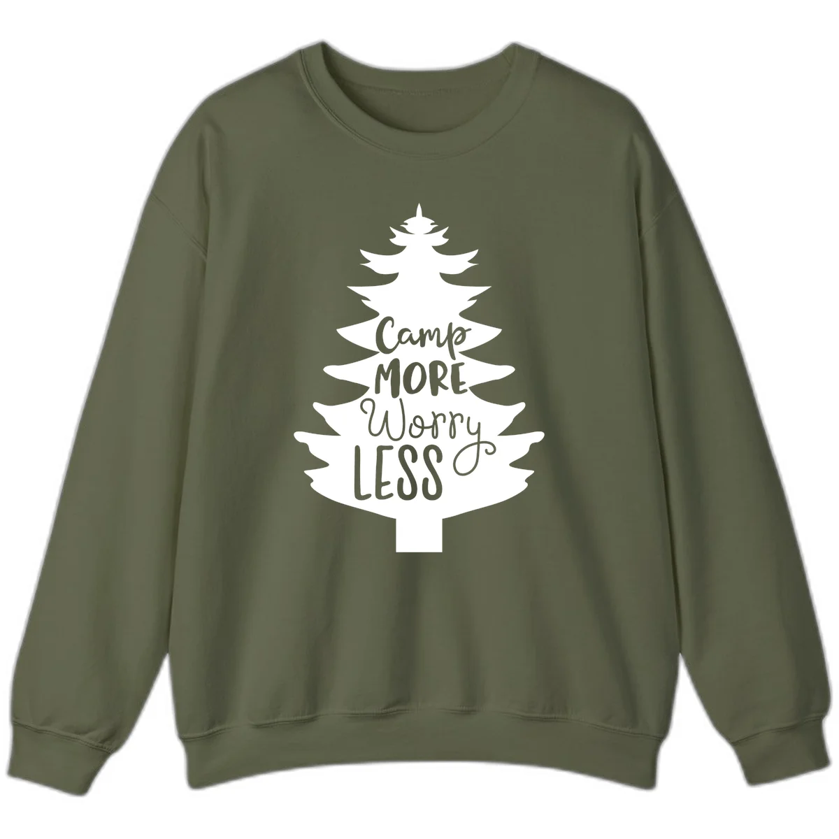 White evergreen tree silhouette with text reading 'Camp MORE Worry LESS' centered in the branches on gray background in Military Green