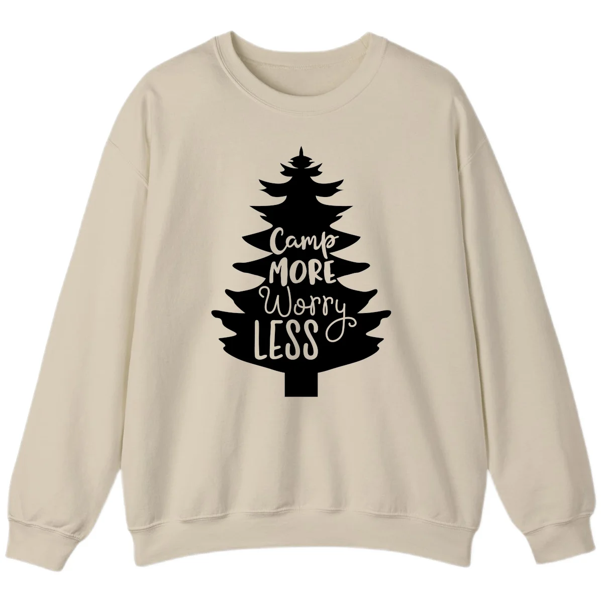 White evergreen tree silhouette with text reading 'Camp MORE Worry LESS' centered in the branches on gray background in Sand
