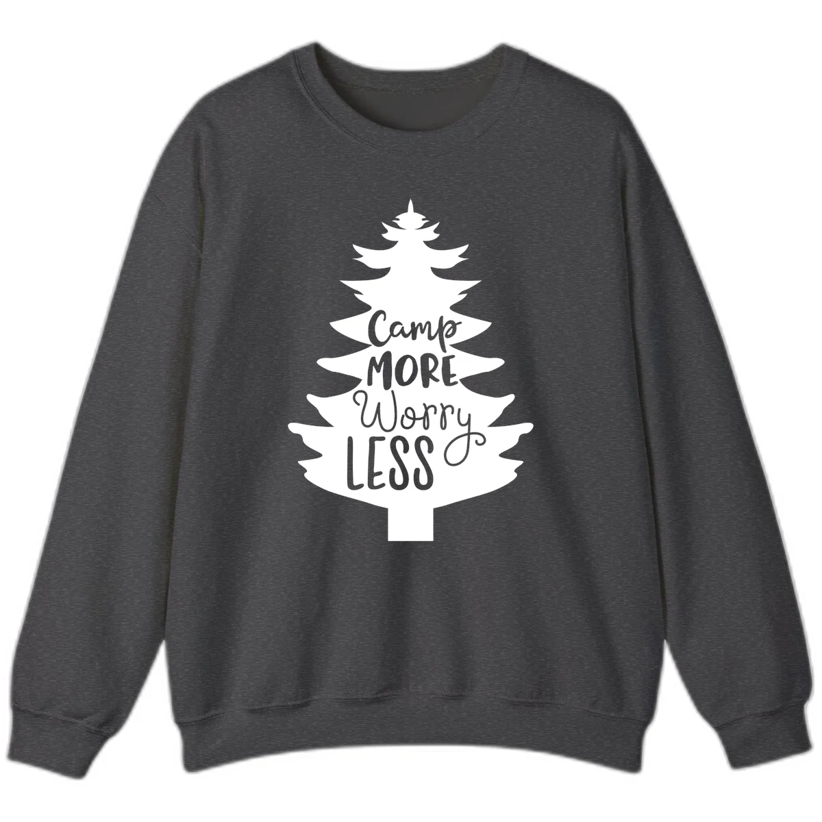 White evergreen tree silhouette with text reading 'Camp MORE Worry LESS' centered in the branches on gray background in Dark Heather
