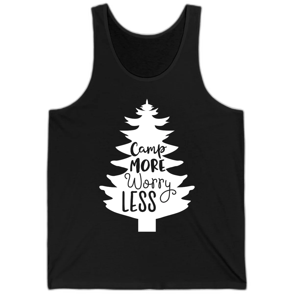 White evergreen tree silhouette with text reading 'Camp MORE Worry LESS' centered in the branches on gray background in Black