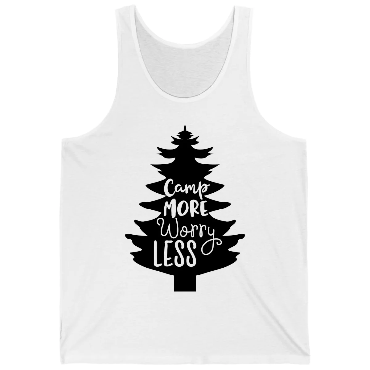 White evergreen tree silhouette with text reading 'Camp MORE Worry LESS' centered in the branches on gray background in White