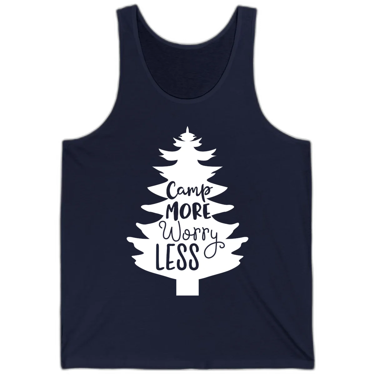 White evergreen tree silhouette with text reading 'Camp MORE Worry LESS' centered in the branches on gray background in Navy