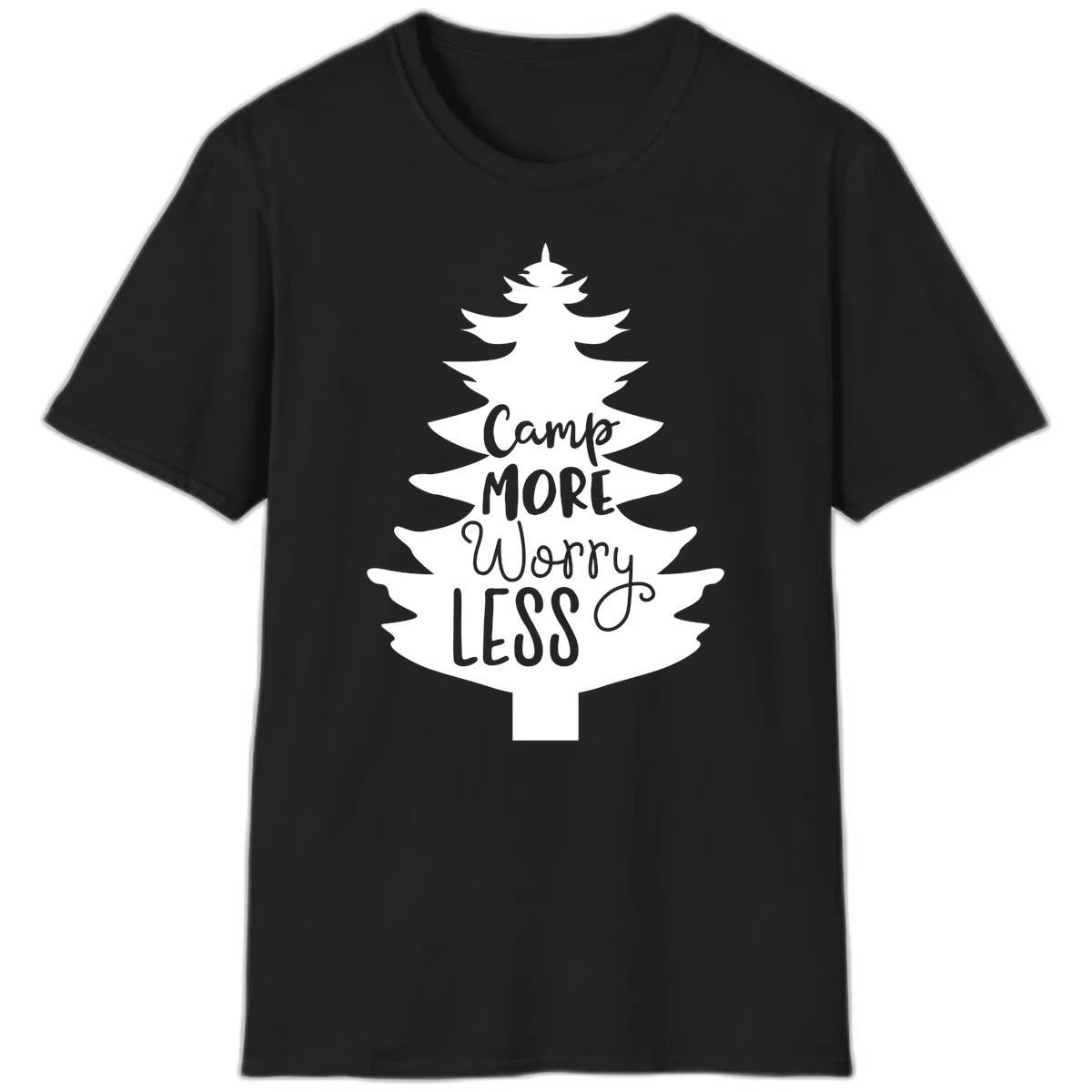 White evergreen tree silhouette with text reading 'Camp MORE Worry LESS' centered in the branches on gray background in Black