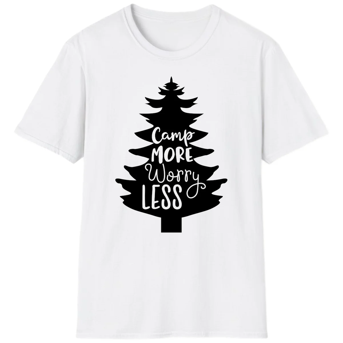 White evergreen tree silhouette with text reading 'Camp MORE Worry LESS' centered in the branches on gray background in White