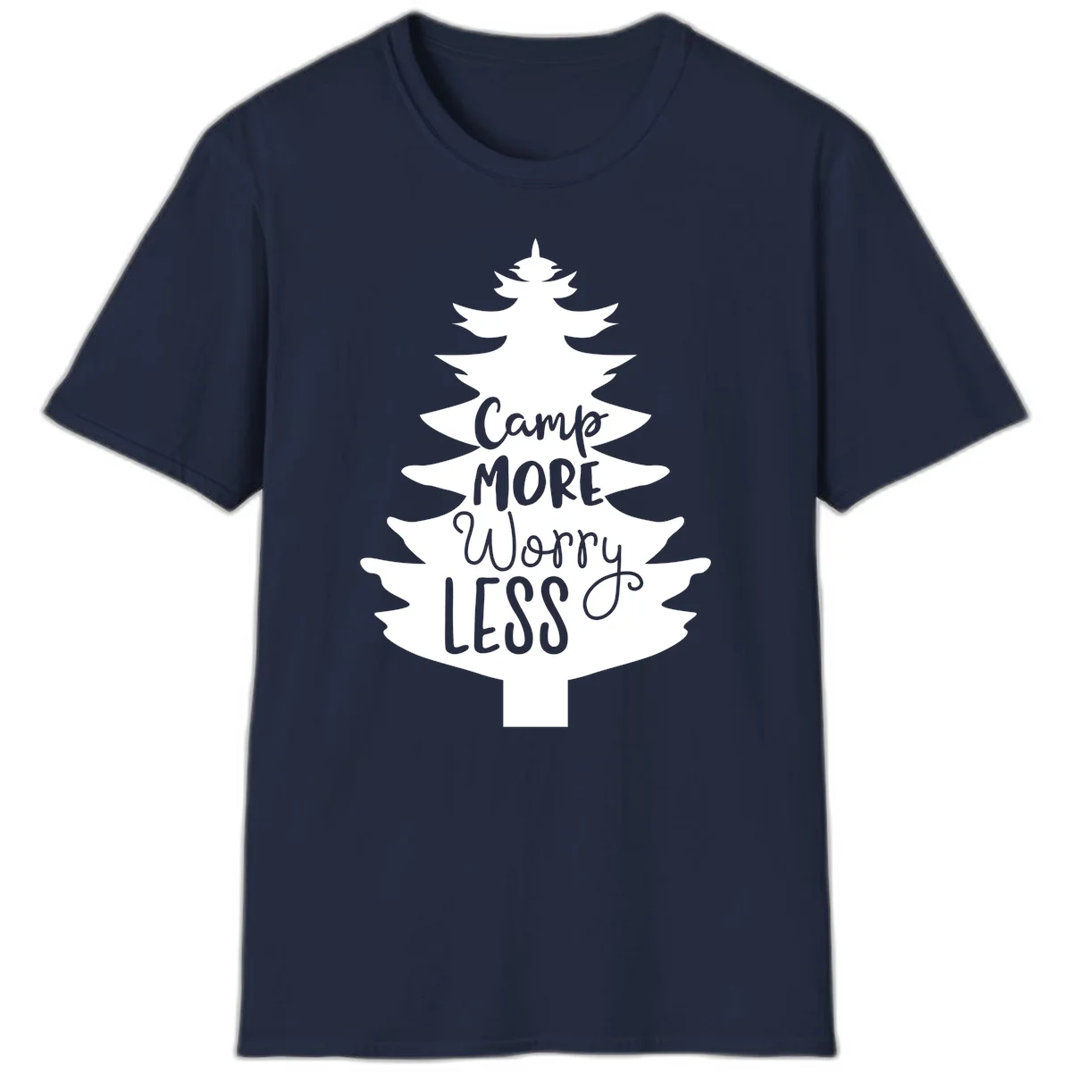 White evergreen tree silhouette with text reading 'Camp MORE Worry LESS' centered in the branches on gray background in Navy