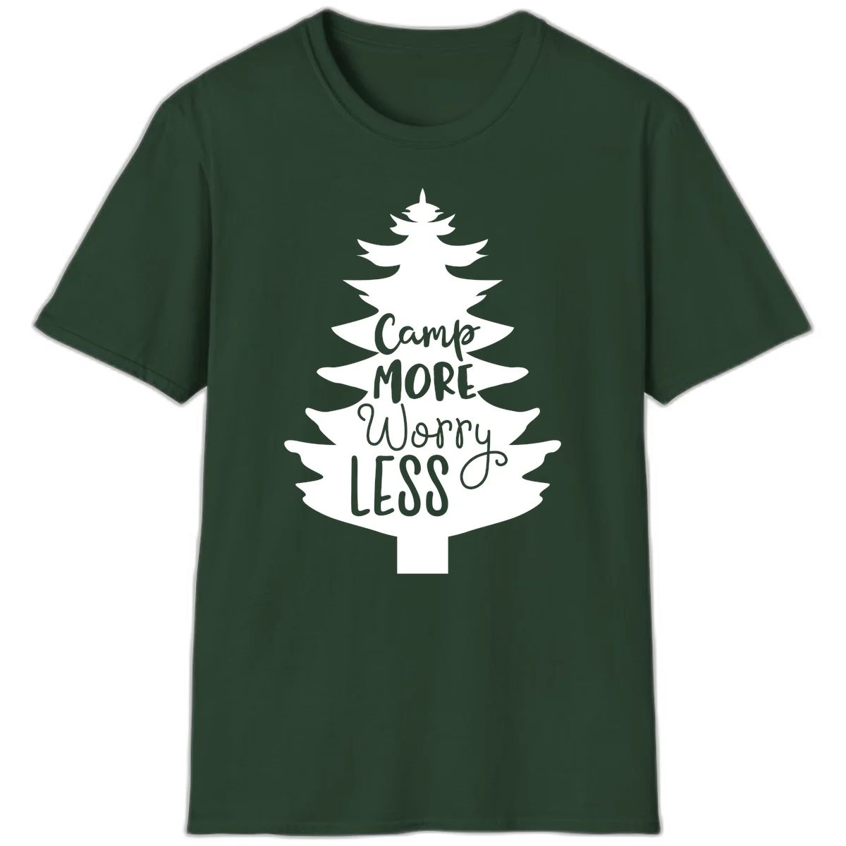 White evergreen tree silhouette with text reading 'Camp MORE Worry LESS' centered in the branches on gray background in Forest Green