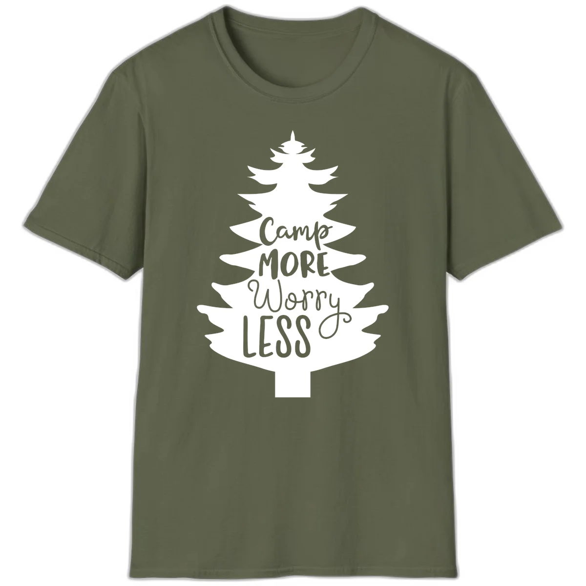 White evergreen tree silhouette with text reading 'Camp MORE Worry LESS' centered in the branches on gray background in Military Green