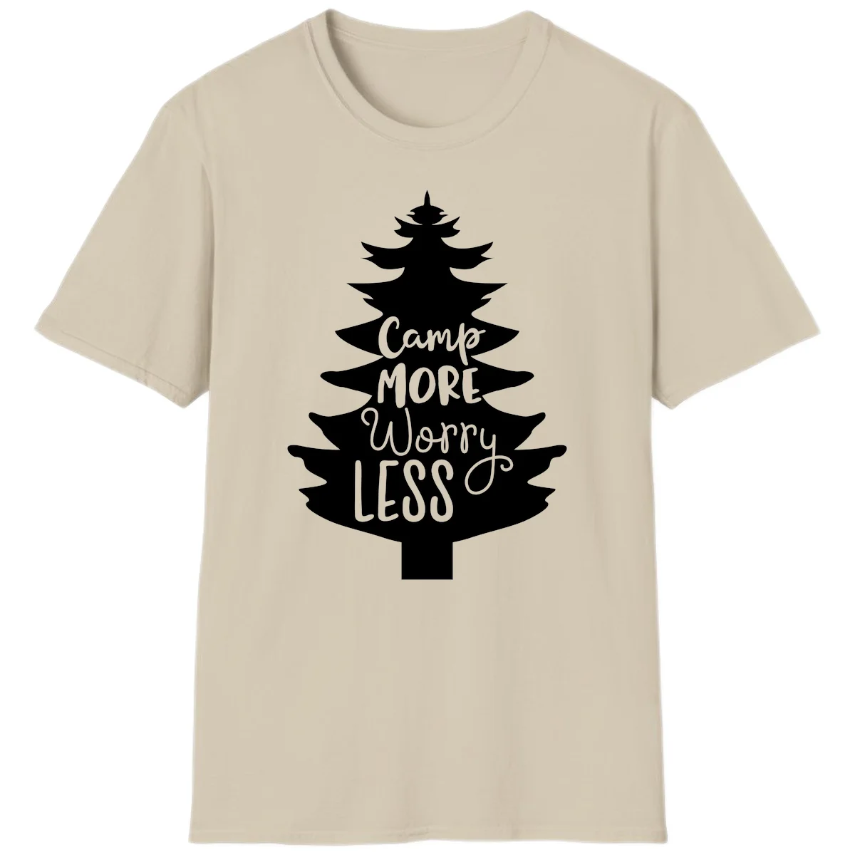 White evergreen tree silhouette with text reading 'Camp MORE Worry LESS' centered in the branches on gray background in Sand