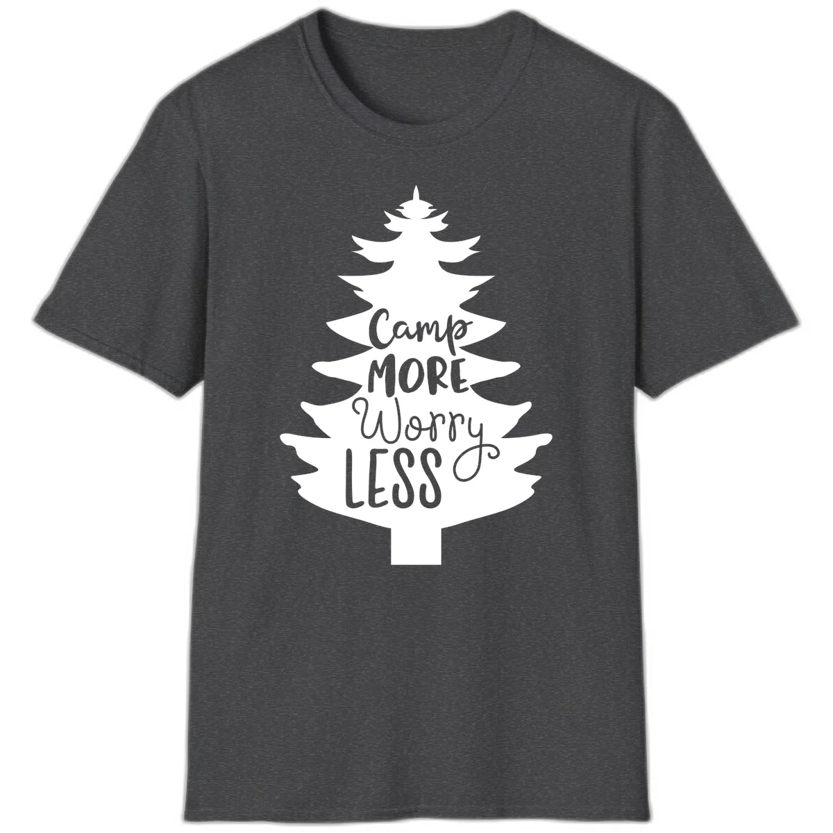 White evergreen tree silhouette with text reading 'Camp MORE Worry LESS' centered in the branches on gray background in Dark Heather