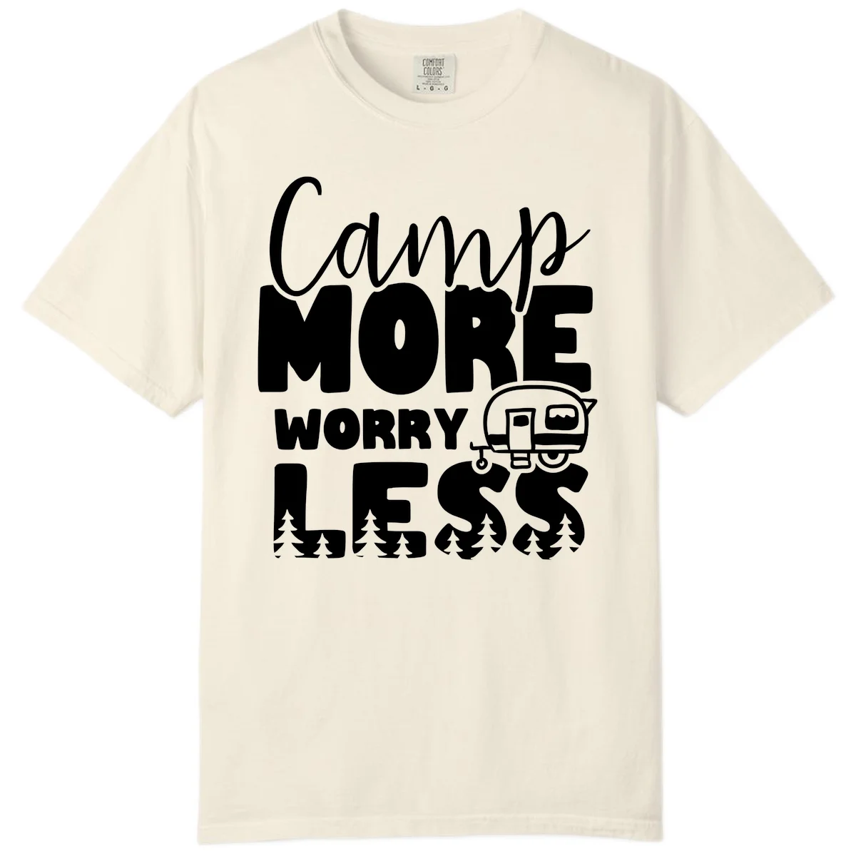 Camp More Worry Less design with flowing script text, camping trailer, and pine trees on gray background in Ivory