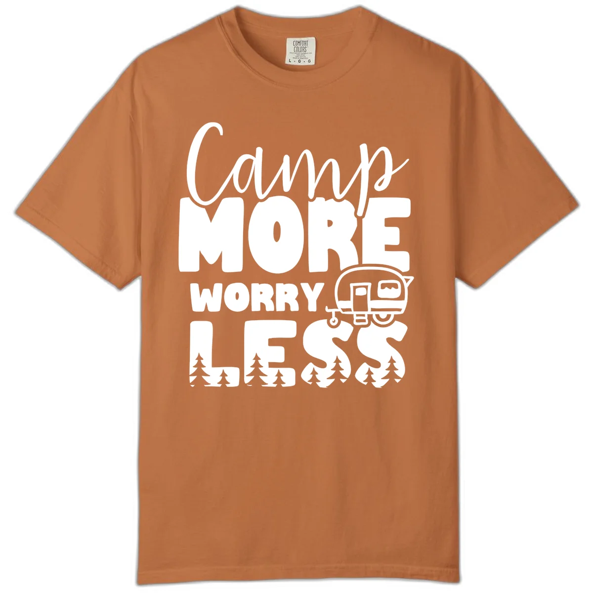 Camp More Worry Less design with flowing script text, camping trailer, and pine trees on gray background in Yam