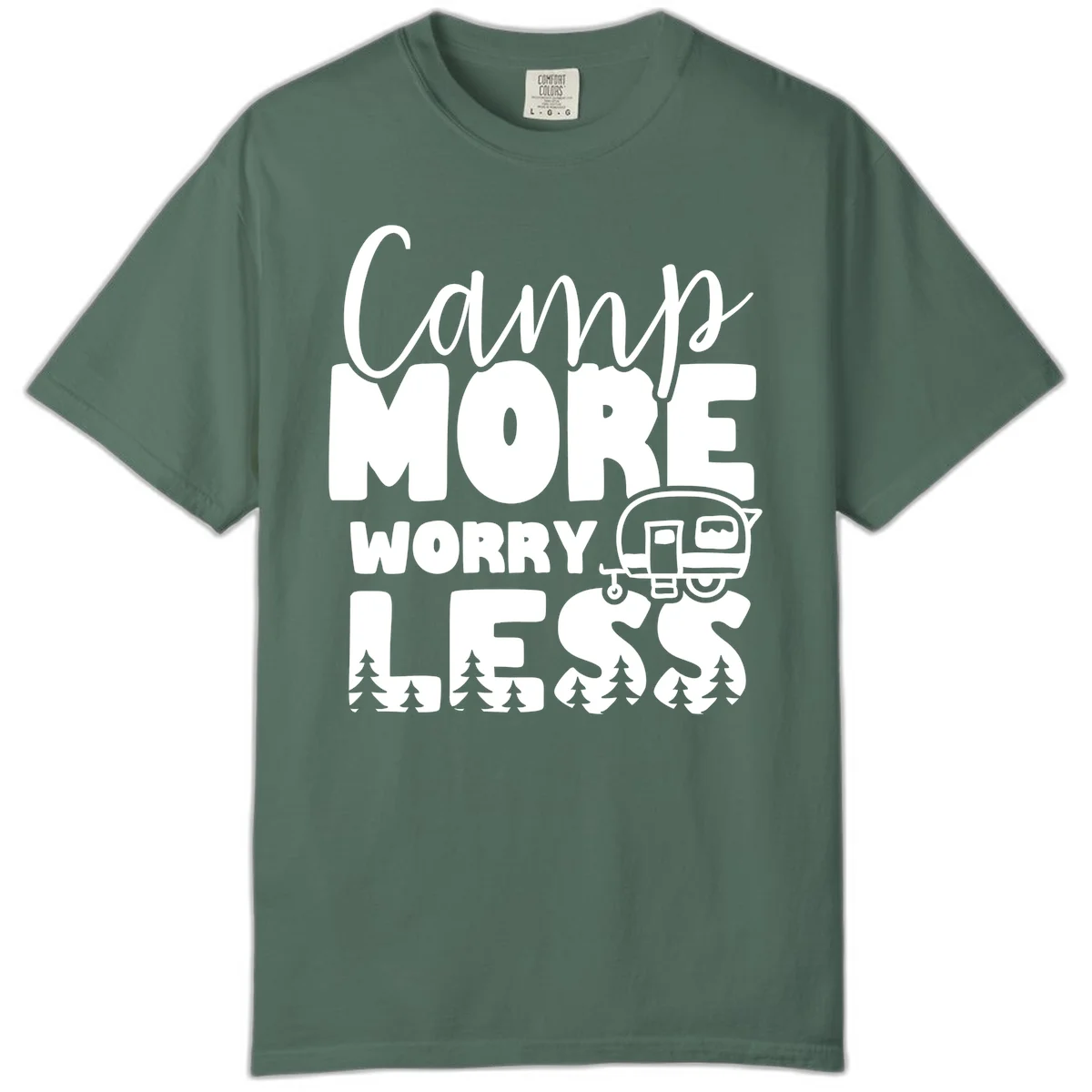 Camp More Worry Less design with flowing script text, camping trailer, and pine trees on gray background in Blue Spruce