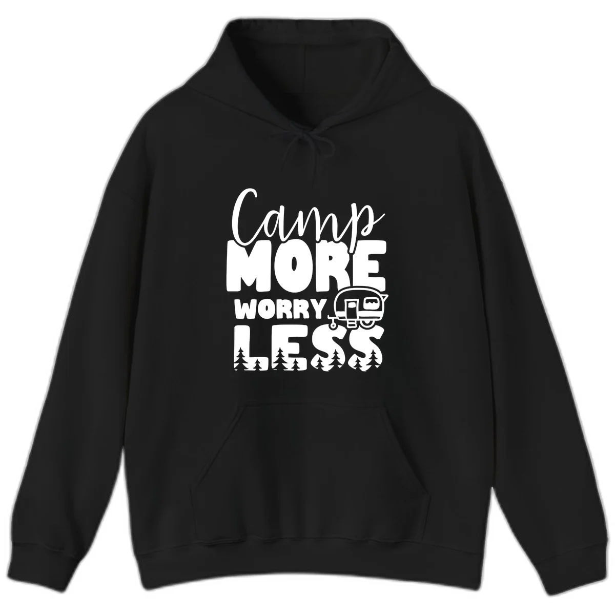 Camp More Worry Less design with flowing script text, camping trailer, and pine trees on gray background in Black