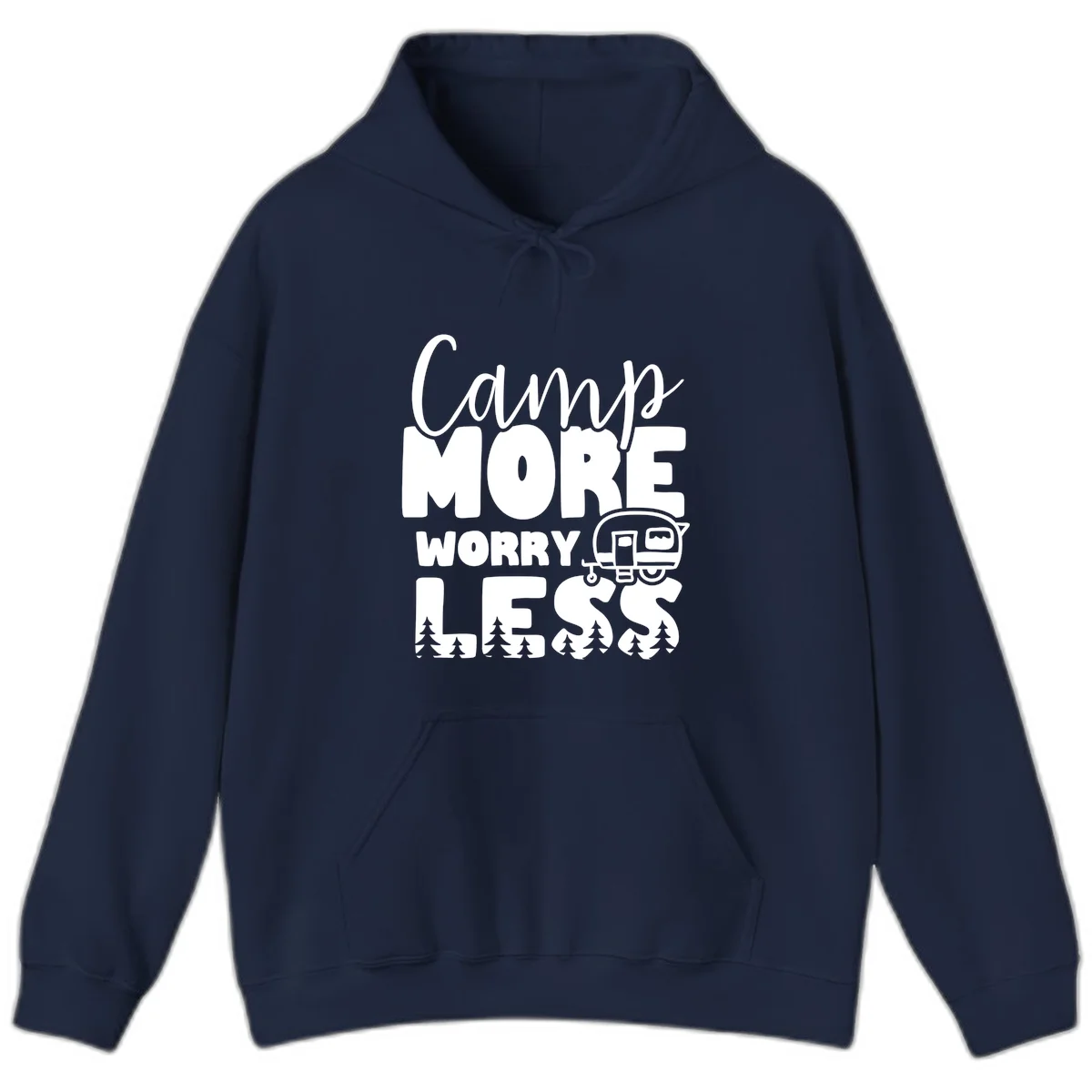 Camp More Worry Less design with flowing script text, camping trailer, and pine trees on gray background in Navy