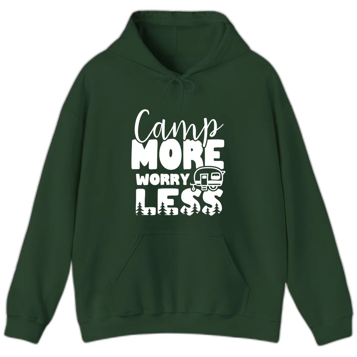 Camp More Worry Less design with flowing script text, camping trailer, and pine trees on gray background in Forest Green