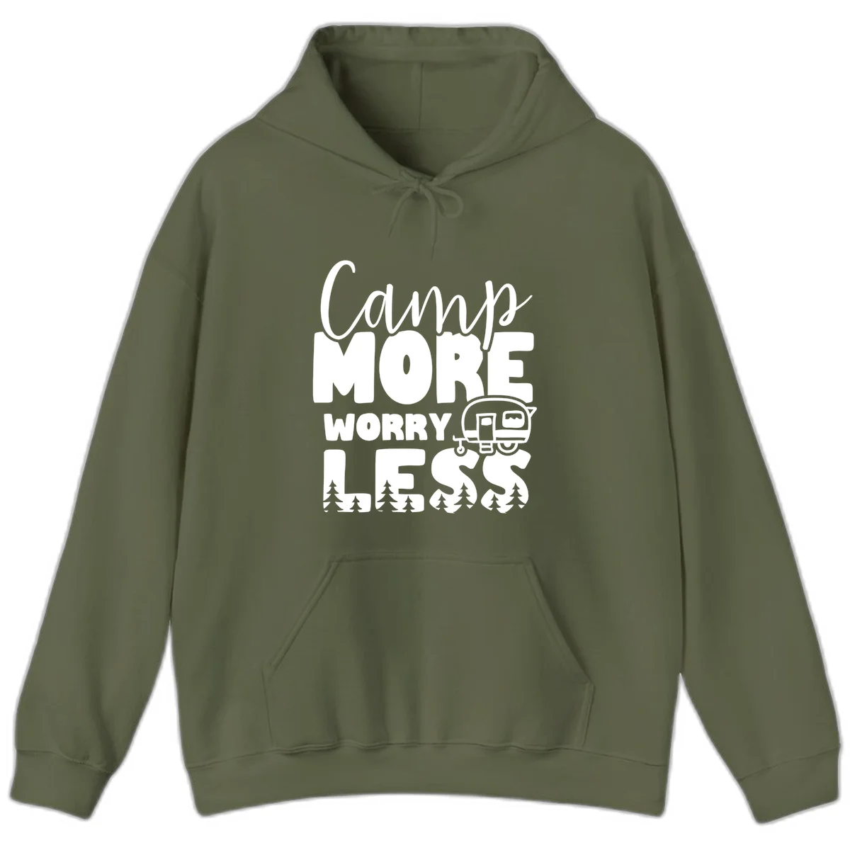 Camp More Worry Less design with flowing script text, camping trailer, and pine trees on gray background in Military Green