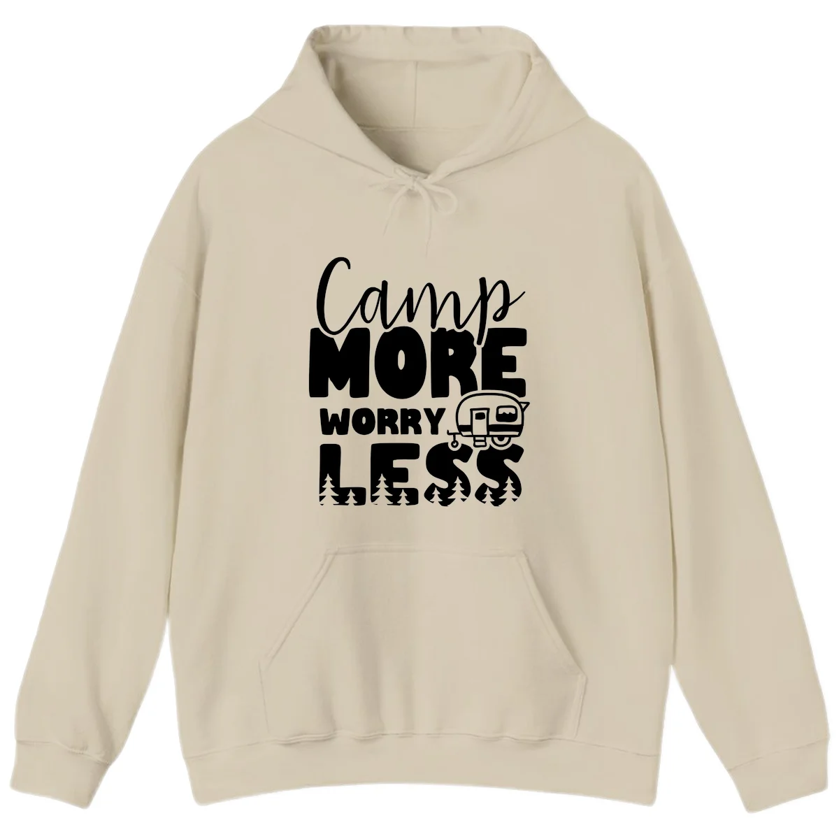 Camp More Worry Less design with flowing script text, camping trailer, and pine trees on gray background in Sand