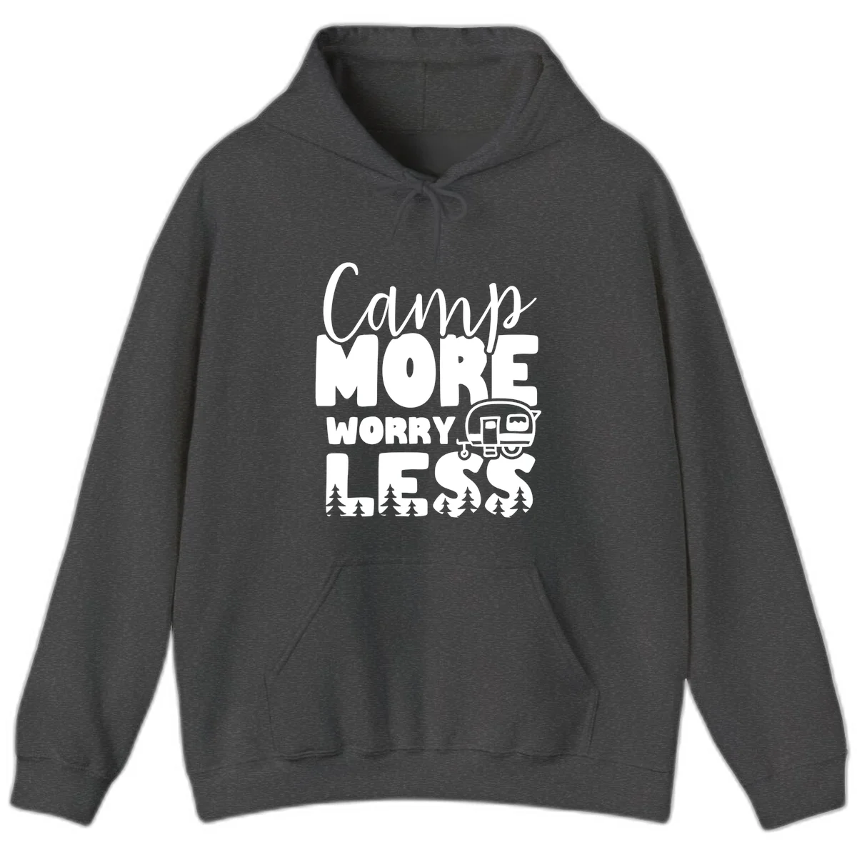 Camp More Worry Less design with flowing script text, camping trailer, and pine trees on gray background in Dark Heather