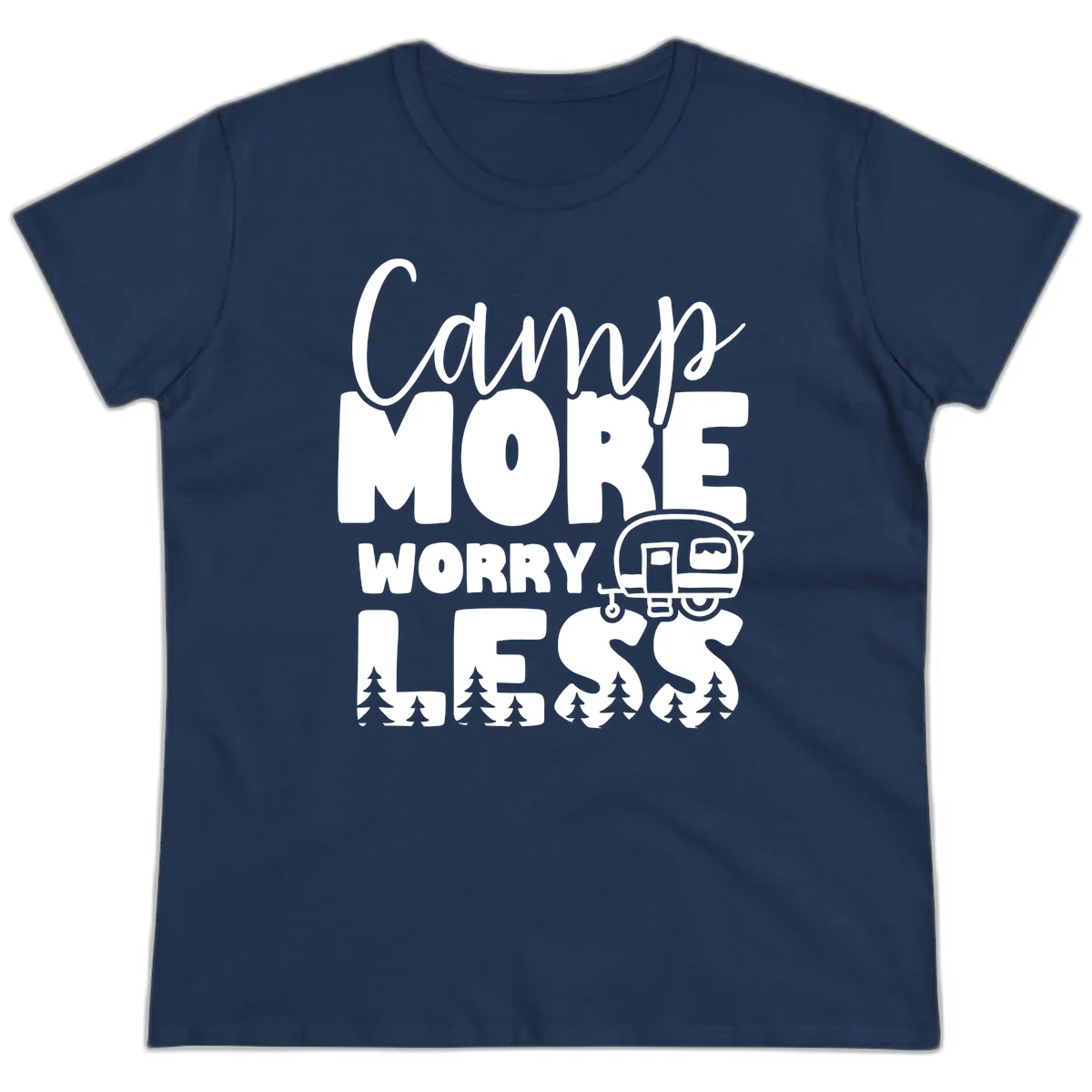 Camp More Worry Less design with flowing script text, camping trailer, and pine trees on gray background in Navy
