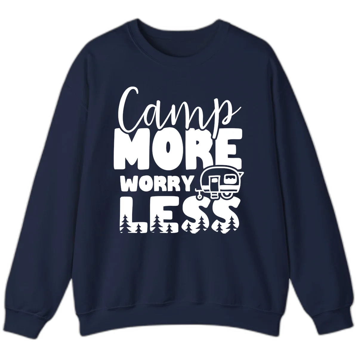 Camp More Worry Less design with flowing script text, camping trailer, and pine trees on gray background in Navy