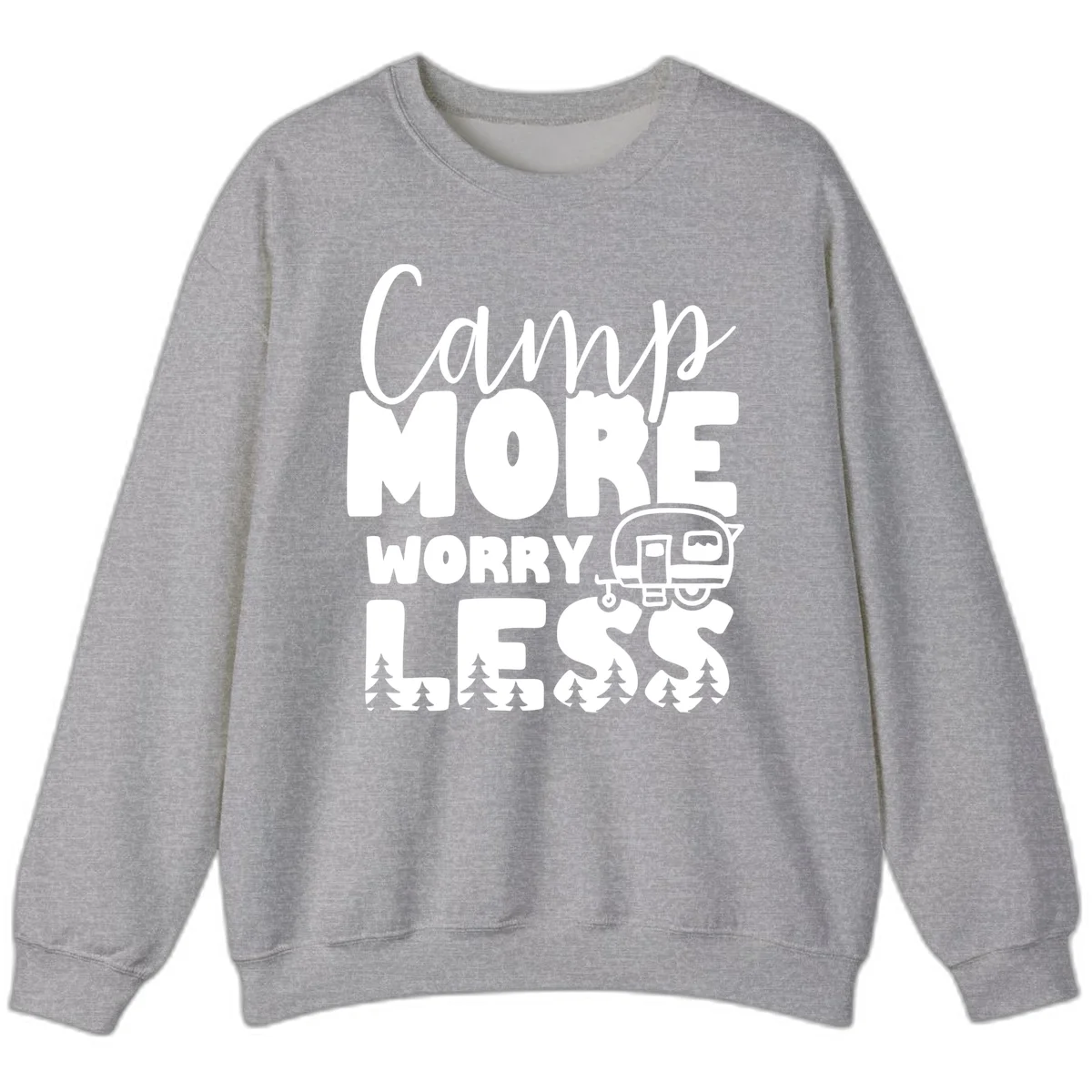 Camp More Worry Less design with flowing script text, camping trailer, and pine trees on gray background in Sport Grey