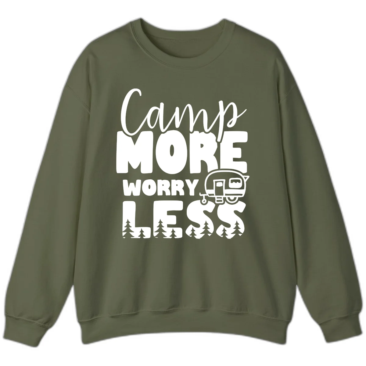 Camp More Worry Less design with flowing script text, camping trailer, and pine trees on gray background in Military Green