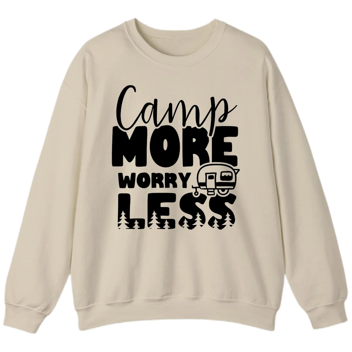 Camp More Worry Less design with flowing script text, camping trailer, and pine trees on gray background in Sand