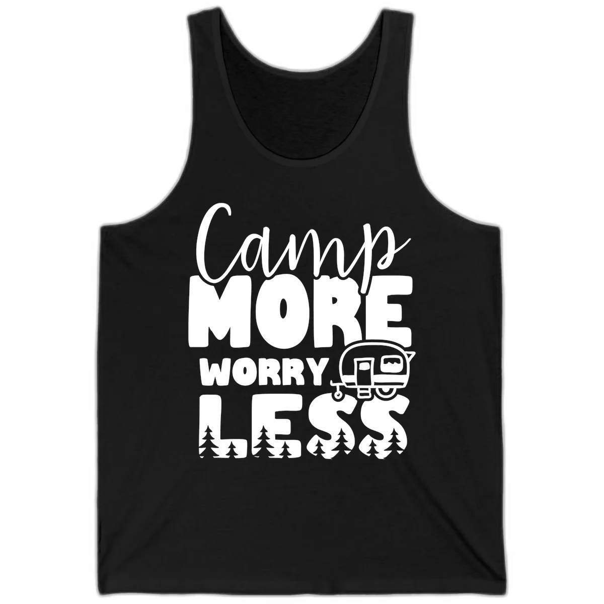 Camp More Worry Less design with flowing script text, camping trailer, and pine trees on gray background in Black