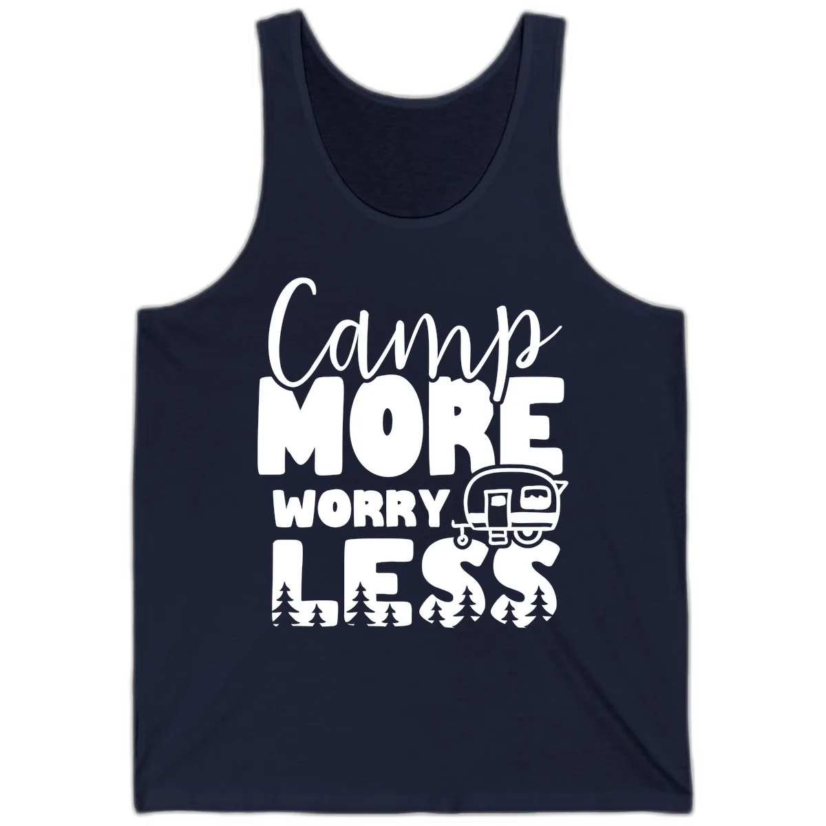 Camp More Worry Less design with flowing script text, camping trailer, and pine trees on gray background in Navy