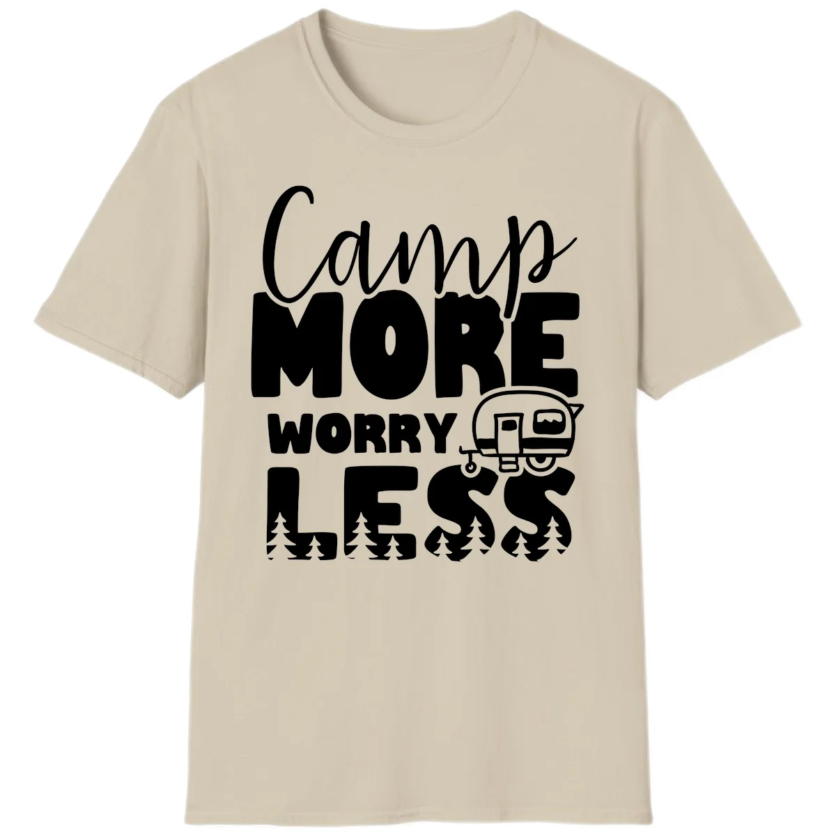 Camp More Worry Less design with flowing script text, camping trailer, and pine trees on gray background in Sand