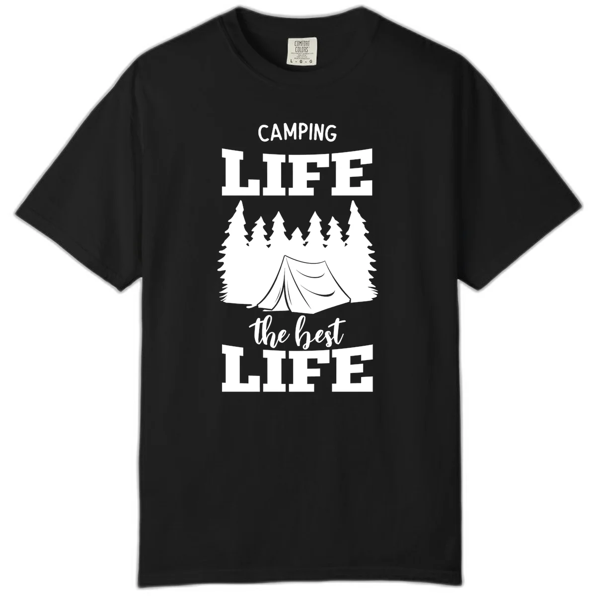 White tent and forest silhouette with text reading Camping Life The Best Life on gray background in Black