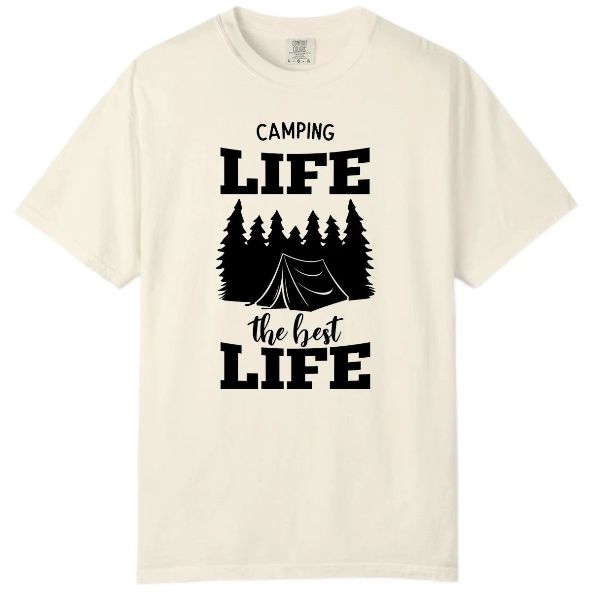 White tent and forest silhouette with text reading Camping Life The Best Life on gray background in Ivory