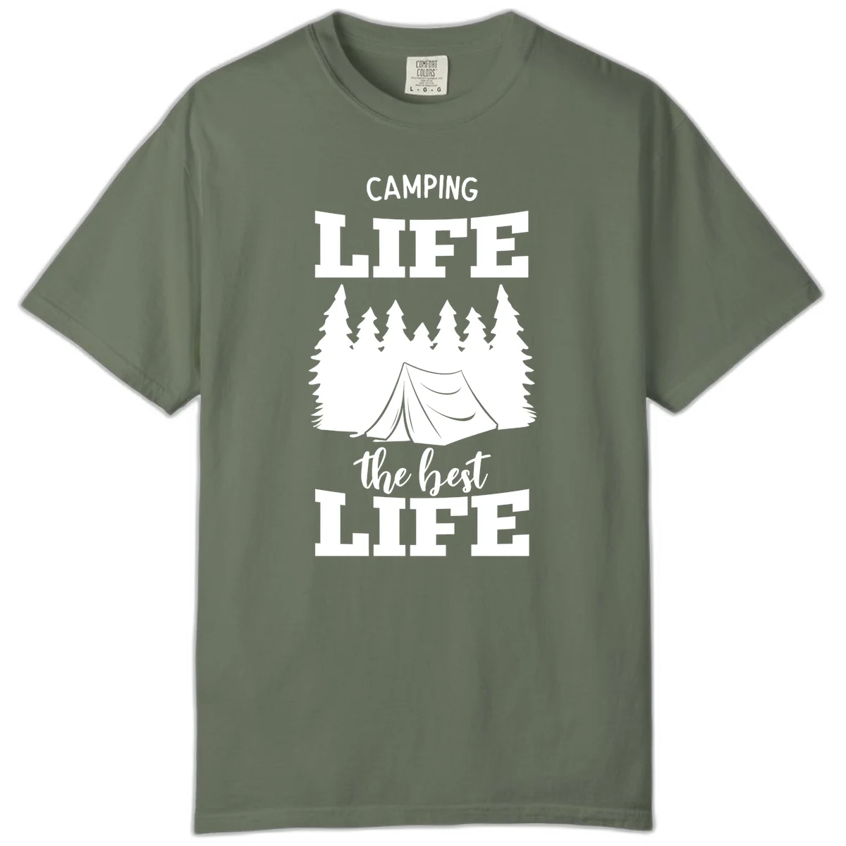 White tent and forest silhouette with text reading Camping Life The Best Life on gray background in Moss