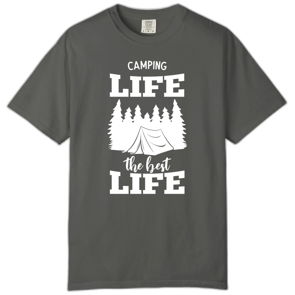 White tent and forest silhouette with text reading Camping Life The Best Life on gray background in Pepper