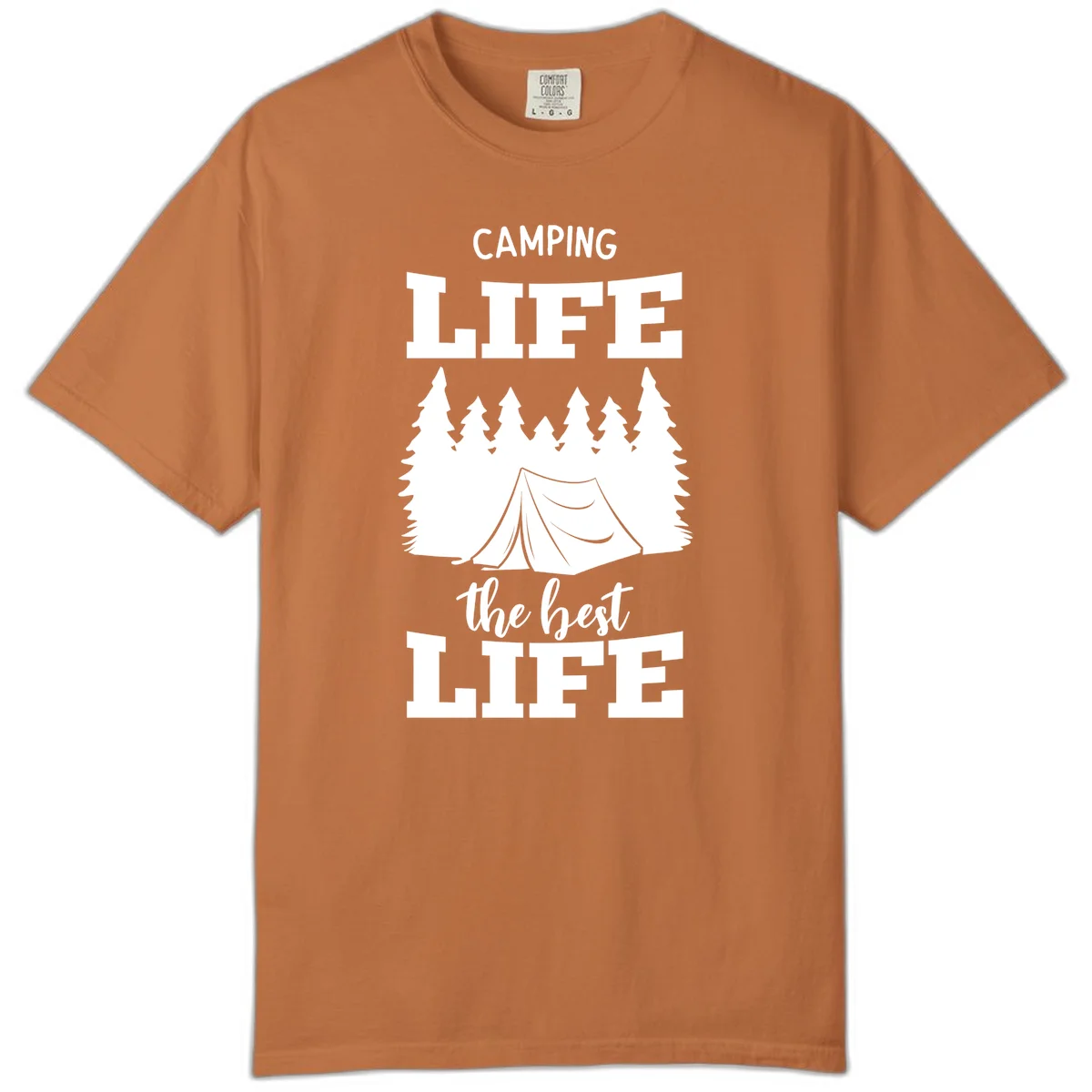 White tent and forest silhouette with text reading Camping Life The Best Life on gray background in Yam