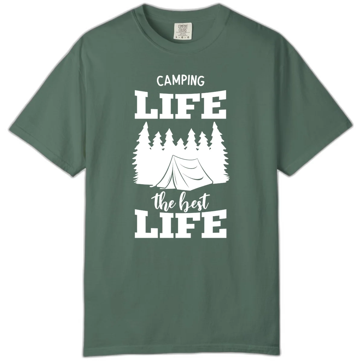 White tent and forest silhouette with text reading Camping Life The Best Life on gray background in Blue Spruce